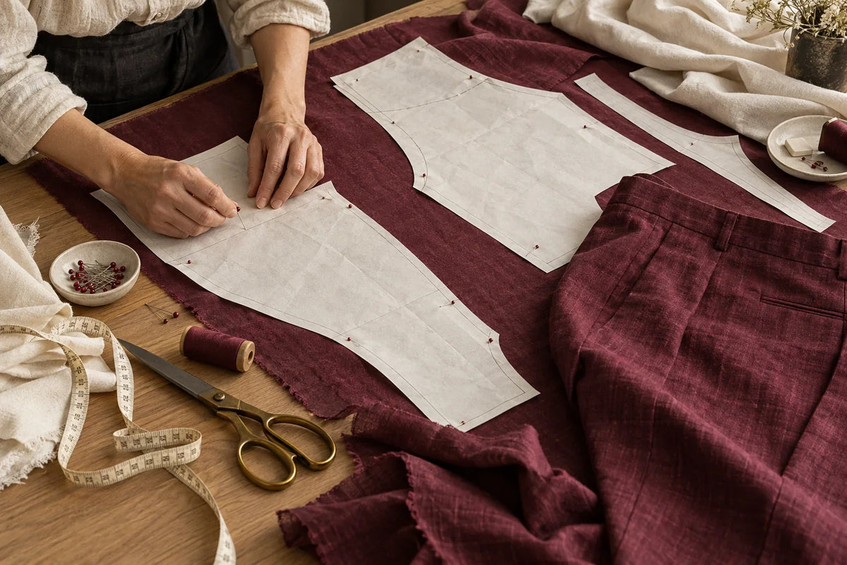 Editorial sewing process with printed paper pattern pieces and burgundy linen