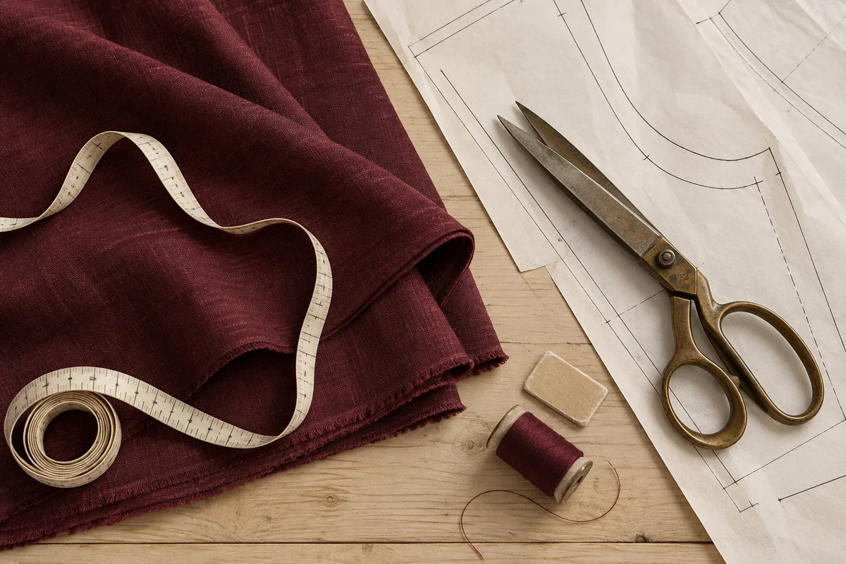 Sewing tools, measuring tape and burgundy linen on an ivory worktable